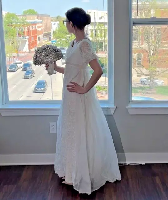 VINTAGE 1960S MOD White Lace Chiffon Wedding Dress Short Sleeve Bridal ...