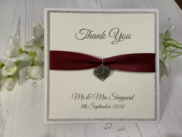 Thank You Cards - Butterfly Heart Charm - Pack of 5 - Silver & Burgundy