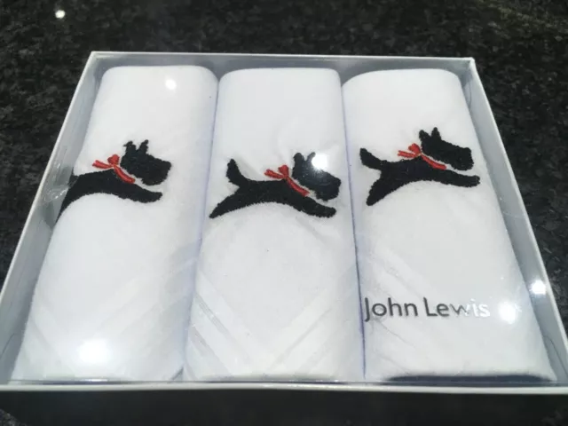 3pk Ladies white 100% Cotton Handkerchiefs Hankies John Lewis Scottie dog