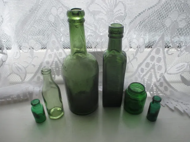 6x GREEN CHEMIST MEDICINE APOTHECARY POISON VINTAGE OLD GLASS BOTTLES