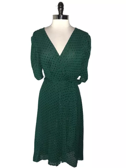 TOMMY HILFIGER Size 16 Faux Wrap Dress Green Sparkles Short Sleeve Midi