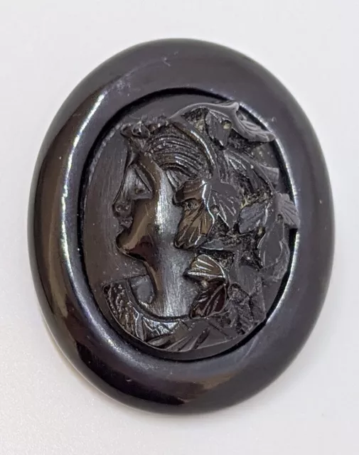 Antique Victorian Whitby Jet Hand Carved Cameo Brooch Pin