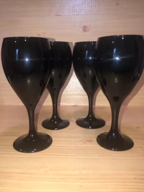 Lot Of 4 Vintage Libbey Black Amethyst Wine Water Glass Stem Goblets Hand Blown