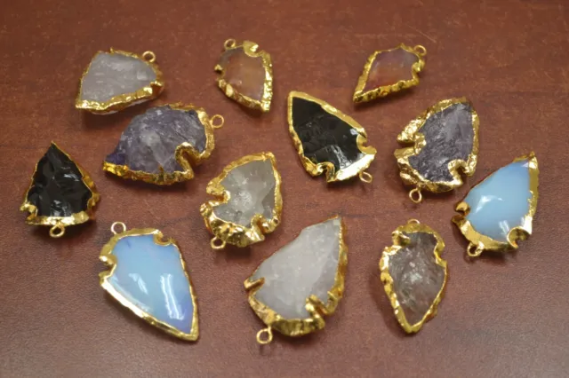 12 Pcs Assort Agate Gemstone Arrowhead Gold Plated Pendants #F-1320