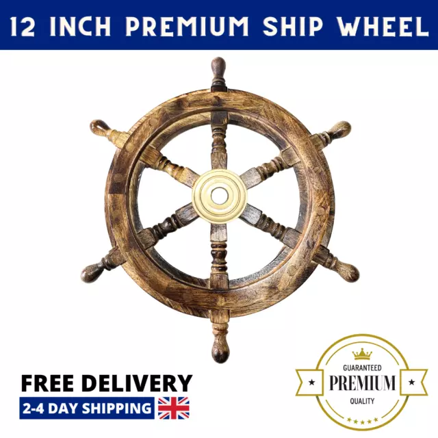12" Nautical Wooden Ship Steering Wheel Decor Wood With Brass Inlay