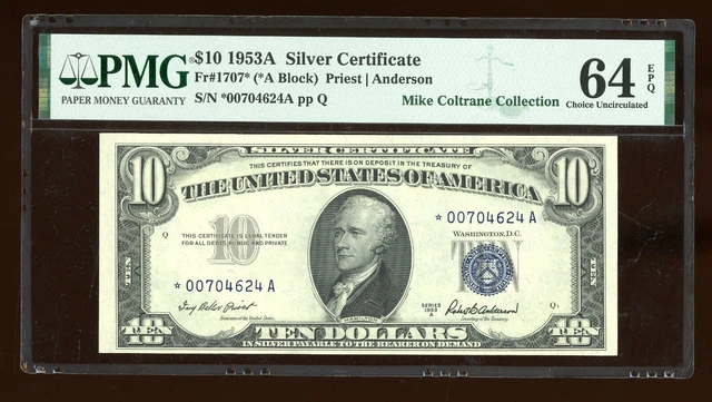 DBR 1953-A $10 Silver STAR Fr. 1707* PMG 64 EPQ Serial *00704624A