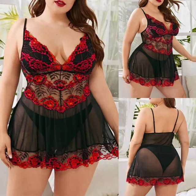 Plus Size Women Lace Lingerie Dress Sexy Babydoll Underwear Nightwear Sleepwear