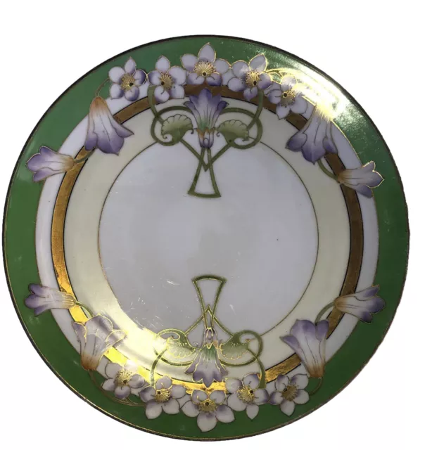 HandPainted Art Nouveau Nippon Floral Plate Purple Flowers Green Gold Band 8.75”