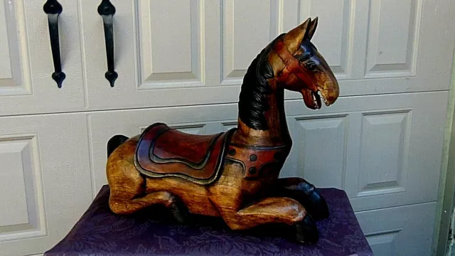 Old Large Spanish Teak Wood Carved Painted Seated Horse Statue ,Child Stool.