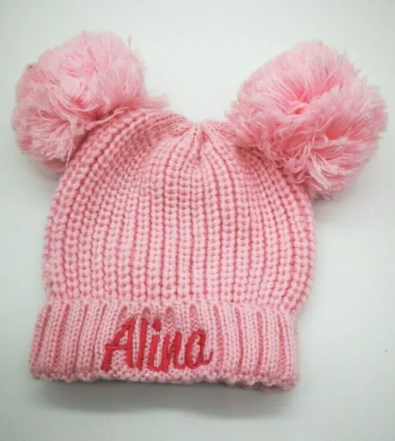 personalised baby  double  POM POMS  beanie embroidered hat 0-6m 6-12m