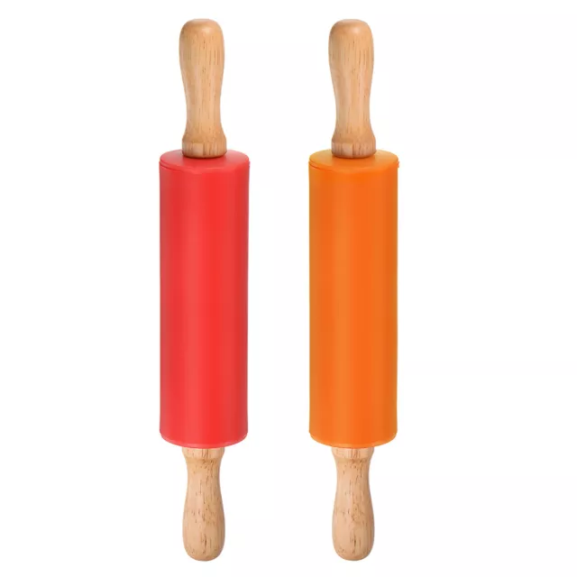 Silicone Rolling Pins for Baking Wood Handle 31cm x 4.2cm Red & Orange