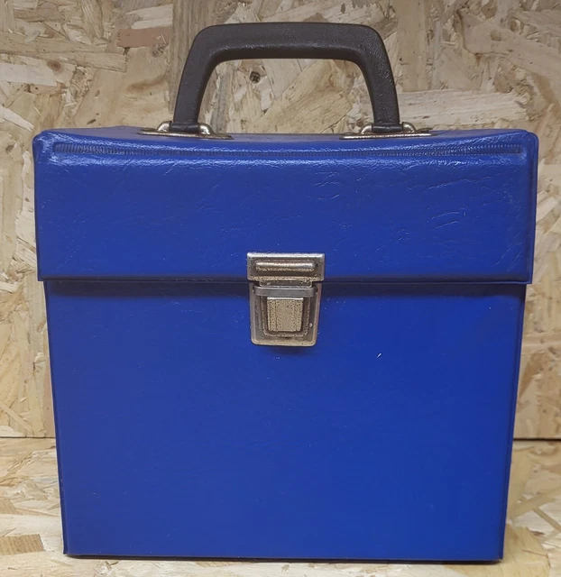 Vintage 7" Single Vinyl Record Storage Box Carry Case Blue Leather Free Postage