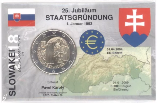 2 Euro Münze in Coincard / Infokarte Slowakei 2018 25 Jahre Republik