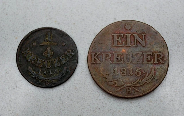 Pair Of Scarce, Old 1816 B Austria, Austrian Empire 1/4, 1 Kreuzer Coins, Nice!