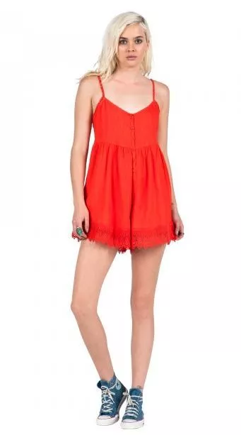 NWT WOMENS VOLCOM PINNED ROMPER $55 S fire red crochet trim hem comfy fit