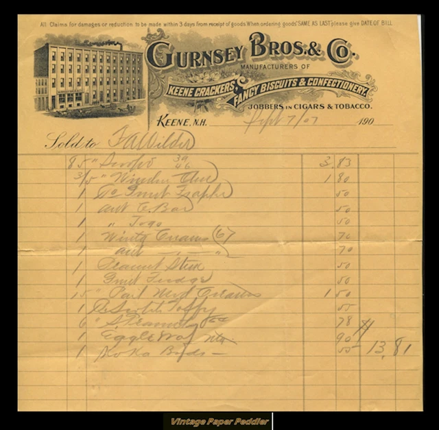 Keene, NH 1907 Billhead Manufacturer Crackers Biscuits Gurnsey Bros & Co.