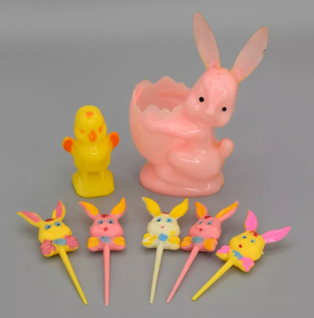 Lot Vintage Happy Easter Plastic Rabbit Bunny Egg Candy Container & Party Picks