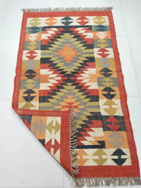 Alfombra india hecha a mano Vintage lana yute Kilim alfombra rectangular... 2