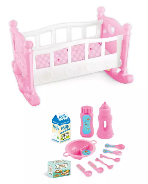 Baby Dolls Bed  Rocking Cradle Crib Cot L 45cm Pink Toy With Feeding Accessories