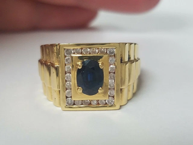 Mens Sapphire And Diamond Rolex Design 14k Yellow Gold Ring b730