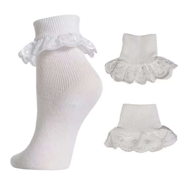 Girls Frilly Lace Socks Ankle Trim Top White School Uniform 1 2 3 6 Pairs