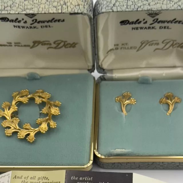 Vintage 12 KT Gold Filled Van Dell Flower Leaf Brooch Earrings Jewelry