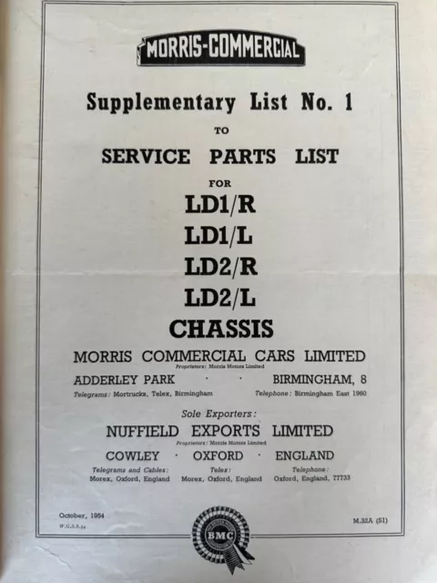 Morris Commercial Spare Parts List Of Main Serviceable Body Items *1954* 2