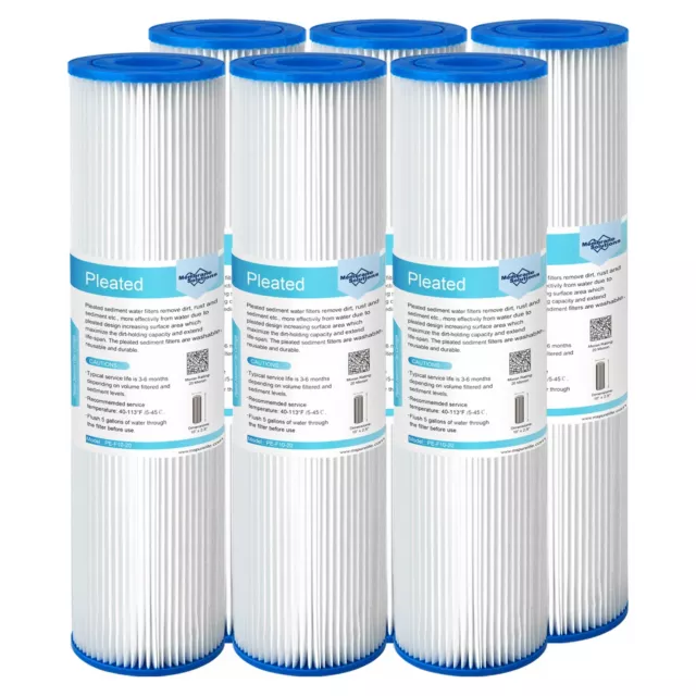 6 Pack 5 Micron 10" x 2.5" Whole House RO Washable Pleated Sediment Water Filter