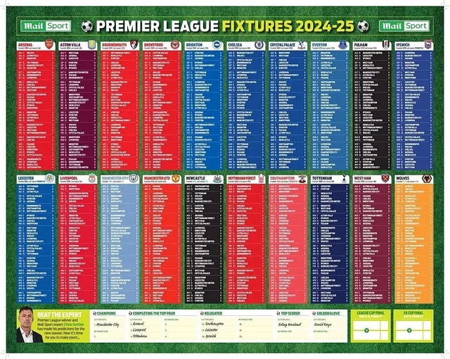 DAILY MAIL PREMIER League 202425 Season Double Sided Fixture Wallchart