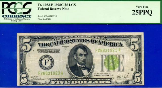 1928C $5 Federal Reserve Note PCGS 25PPQ rare Atlanta Light Green Seal Fr 1953-F