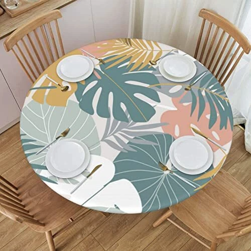 Tropical Palm Leaves Fitted Round Tablecloth - Waterproof, Medium (45''-50'')