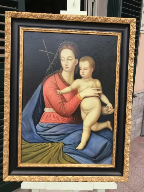 Seltene Bild Malerei Öl Auf Leinwand " Die Madonna Mit Kind " Holzrahmen