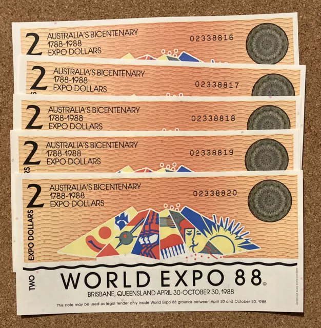 Lot Of 5 X Australia World Expo 88 Banknotes. 2 Dollars.