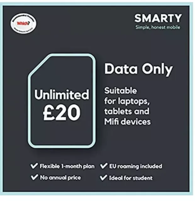 NEW Smarty UK WiFi Router Unlimited £20 DATA ONLY Sim Card Pay As You Go 5G 4G