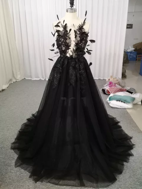 Black Wedding Dresses Sleeveless Tulle Appliques A Line Bridal Gowns Sweep Train