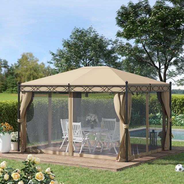 Outsunny Pavillon Gartenpavillon 3x4 m mit 4 x Seitenwände Moskitonetz Beige