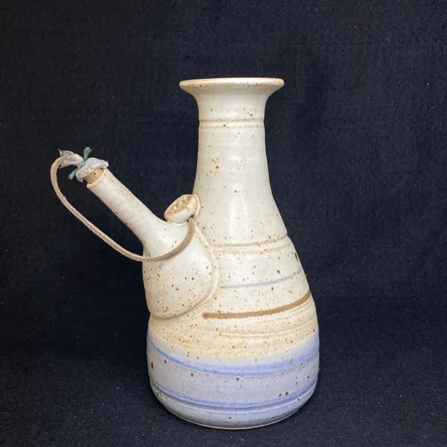 Vintage Hively Studio Pottery Speckled Stoneware Olive Oil Pitcher Striped Blue