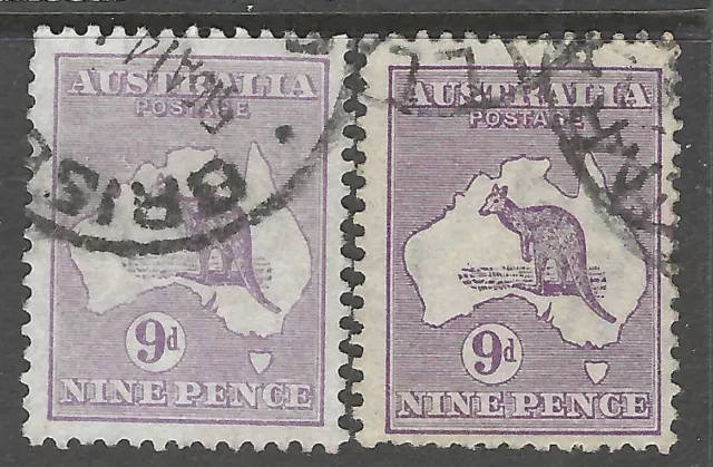 AUSTRALIA :1916  9d violet Kangaroo  die II +IIb SG 39+39bb used