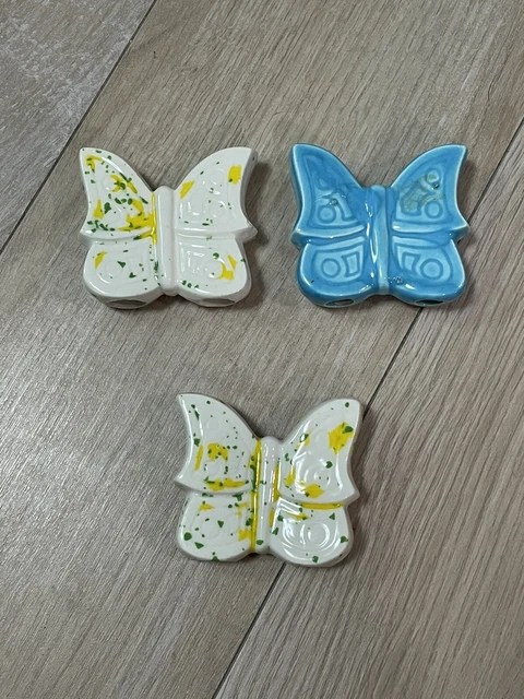 Vintage Ceramic Butterfly Macrame Beads Set of 3 Mid-Century Modern MCM 3