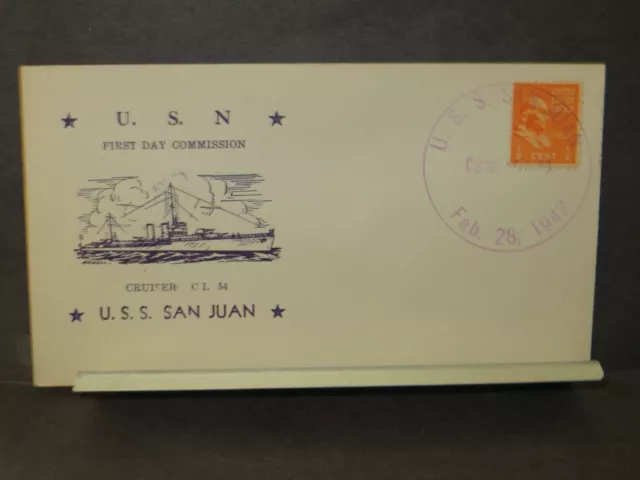 USS SAN JUAN CL-54 Naval Cover 1942 WWII COMMISSIONED Cachet BOSTON, MASS