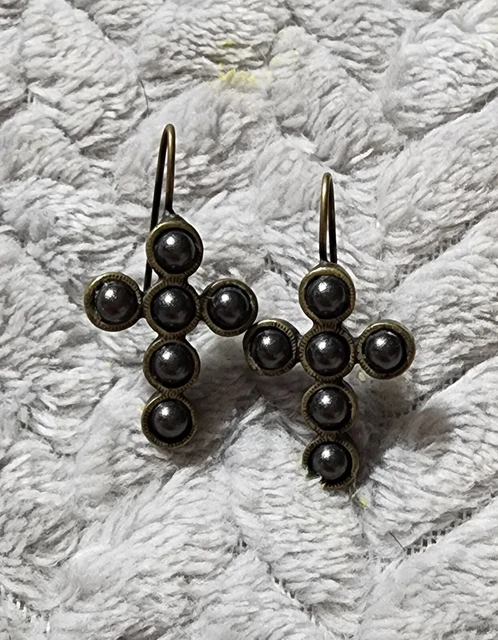 Ben-Amun Cross Earrings Black stone bronze tone metal