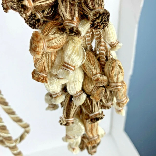 Set 2 Large Drapery Curtain Braided Tie Backs with Tassels Brown Taupe Pompoms 12