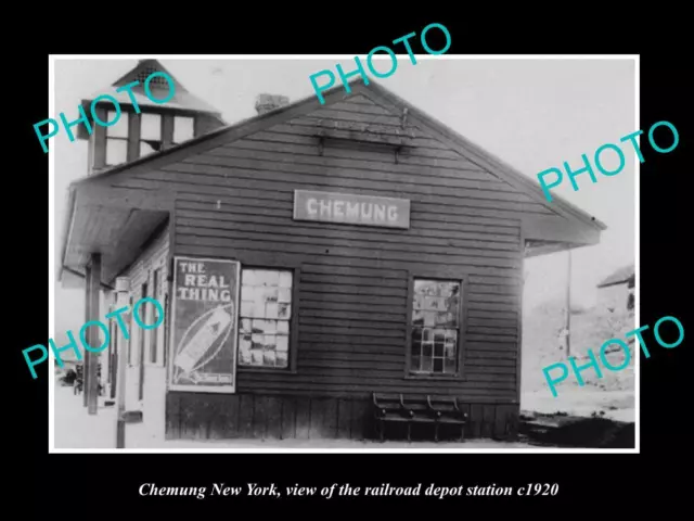 OLD LARGE HISTORIC PHOTO OF CHEMUNG NEW YORK THE RAILROAD DEPOT STATION c1920