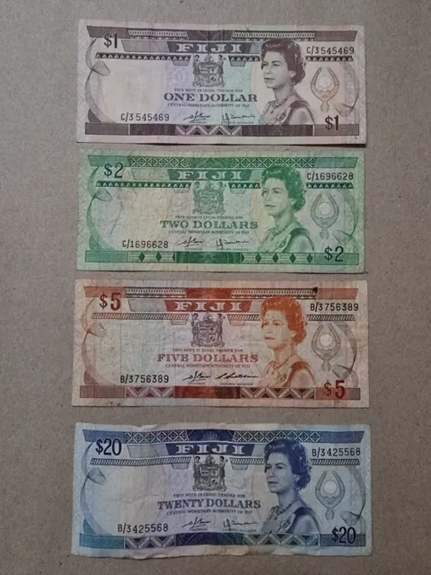 Fiji 1, 2, 5 & 20 dollars banknotes set of 4 - 1980 - 1986 notes QEII