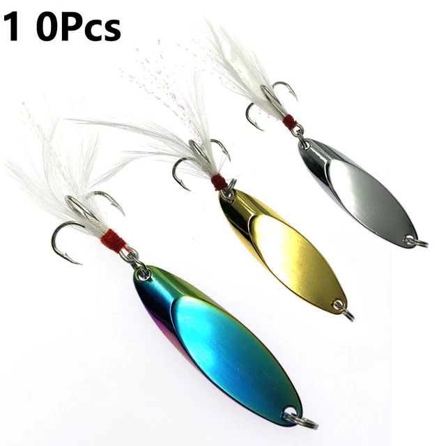 10 Pcs Metal Spoon Bait Feather Treble Hook Single Sinking Stainless Steel