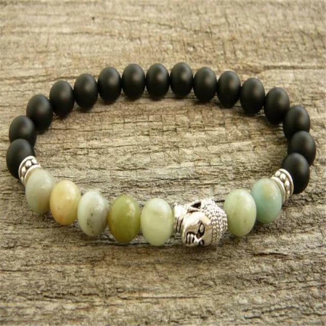 8mm Amazonite Black Agate Mala Bracelet 7.5 inches Pray Bead Stretchy Handmade