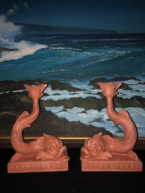 Pair of Antique Wedgwood Dolphin Terra Cotta Candlesticks