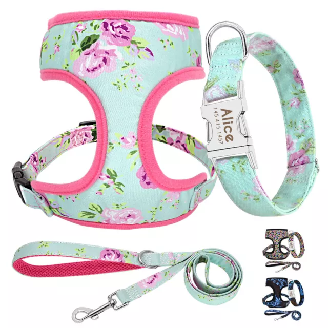 Personalised Pet Dog ID Collar and Harness and Leash Lead set Nylon Floral Vest