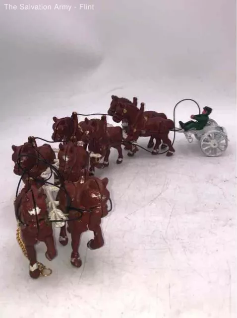 Vintage Red Cast Iron Eight Clydesdale Horse With Barrel Wagon Toys