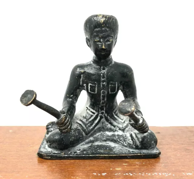 Bronze/Brass Seated Drummer, Asian Style, Two Mallets, Unmarked, Hard to Find